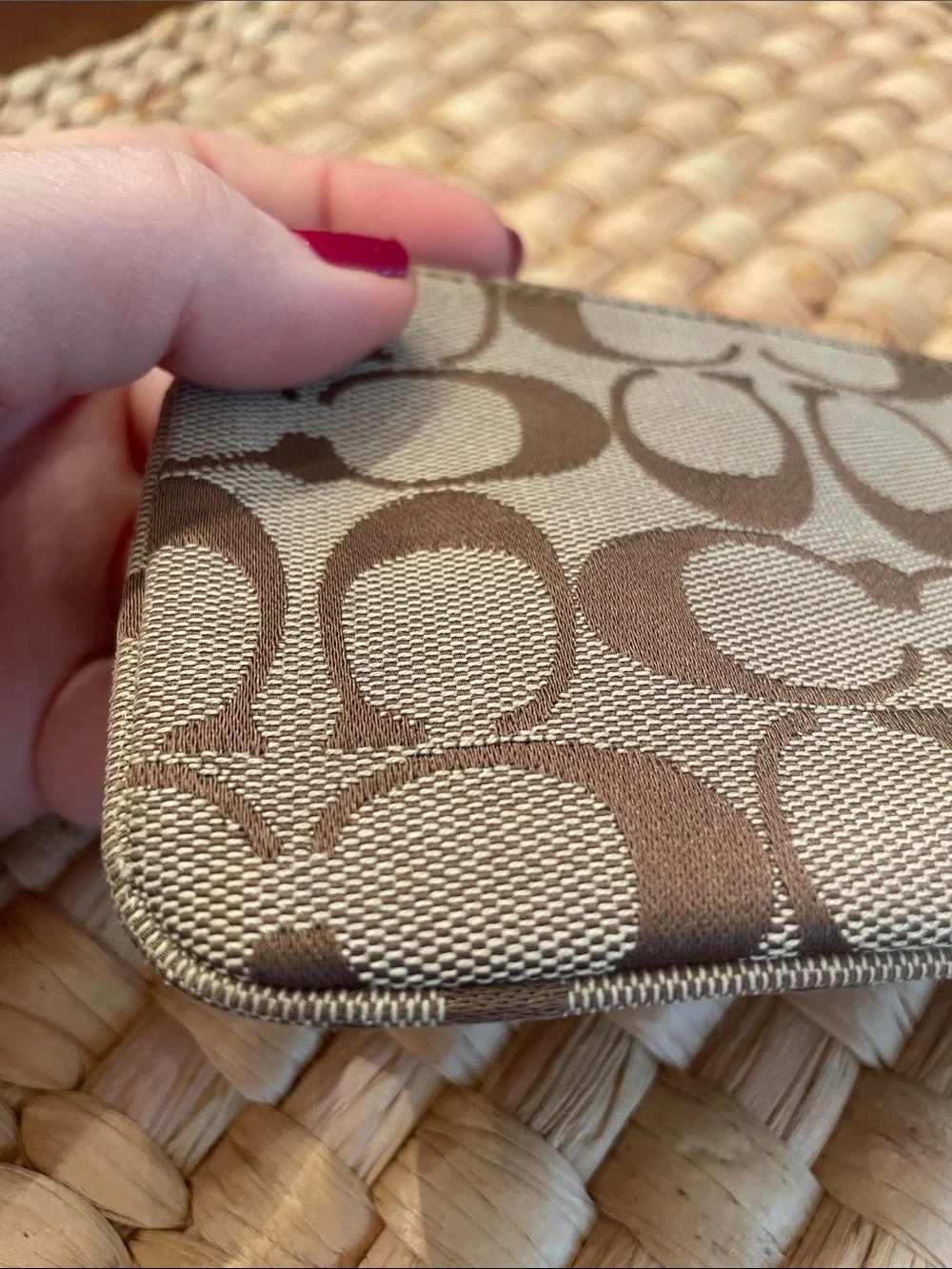 Coach Brown Signature Jacquard Wristlet with Leather Strap and Hang Tag EUC